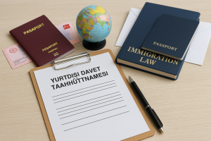 Türkiye’de yaşayan yabancıların yurtdışı davet taahhütnamesi için gerekli belgeleri gösteren masa düzeni – pasaport, ikamet kartı ve resmi belgeler